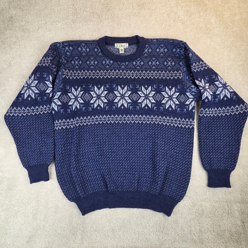 Vtg LL Bean Made in Ireland 100% Worsted Wool Fair Isle Snowflake Sweater Mens L